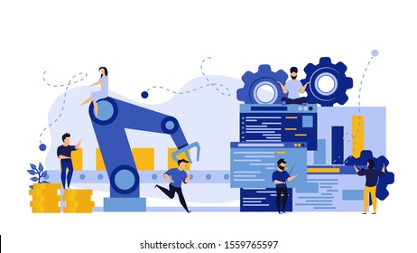 Vector business industry robot factory concept illustration future production process with infographic chart and people. Smart revolution technology machine conveyor line. Robotic system control goods