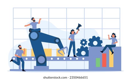 Vector business industry robot factory concept illustration future production process with infographic chart and people. Smart revolution technology machine conveyor line. Robotic system control goods