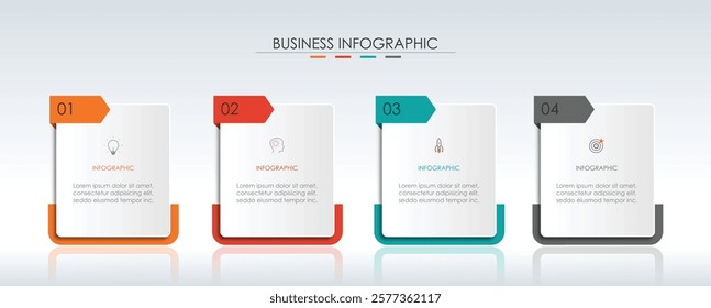 Vector business infographic with 4 steps. Used for presentation, information, education, connection, marketing, projects,