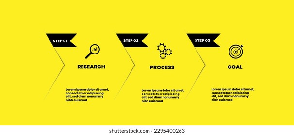 Vector business infographic concept, three step graphics and business icons, yellow background