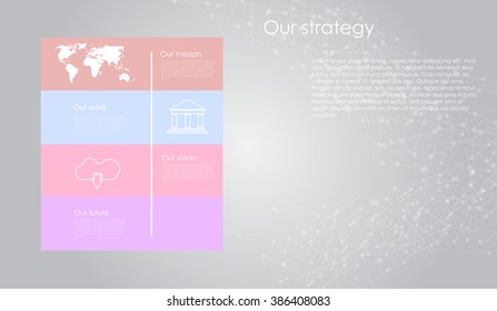 Vector business infographic with cube bubbles / mission, vision, future and strategy motive or theme on dark background