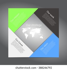 Vector business infographic with cube bubbles / mission, vision, future and strategy motive or theme on dark background