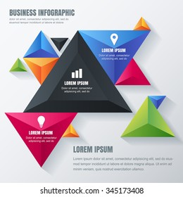 Vector business infographic design template with colorful triangle pyramids. Concept for brochure, flyer, poster, banner. Multicolor geometric material background with place for text.