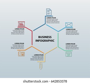 Vector Business Infographic Featuring Six Icons (Document, Envelope, Calendar, Paper Clip, Telephone, And Chart) With Corresponding Information Sections