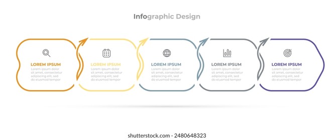 Vector business infographic label design with arrows and marketing icons. Timeline process with 5 options or steps. Ideal for business reports, strategic planning, and project management.