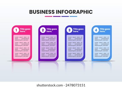 Vector business infographic template with 4 steps. Each step box has a reflection. Suitable design for presentation, process diagram, layout, workflow, flow chart, and also UI UX elements for website.