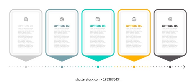 Vector business infographic template design with arrow and icons. Timeline process with 5 options or steps.