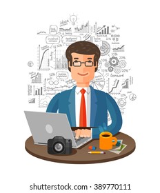 vector business infographics. businessman in office working on laptop
