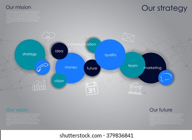 Vector business infographics with circle bubbles / mission, vision, future and strategy motive or theme on dark background