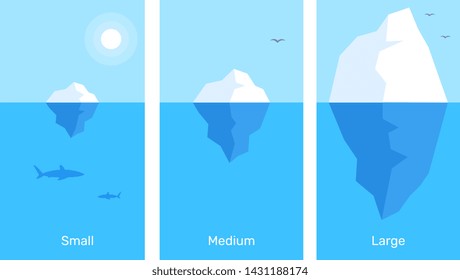 Vector business infographics element template. Creative illustration of 3 different size iceberg in blue water. Flat style design for web, site, banner, poster, presentation