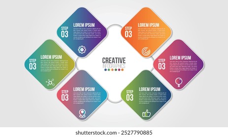 Apresentação de infográficos de negócios de vetor com 6 etapas ou design de opções com ícones. Pode ser usado lugar para texto para banner de apresentações, layout de fluxo de trabalho, diagrama de processo, fluxograma, gráfico de informações.