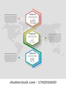Infografías de negocios de vectores. Línea de tiempo moderna con 3 hexágonos, flechas. Utilizado para diseño web, publicidad de marketing, diseño de flujo de trabajo, informe anual, diagrama de flujo, presentación