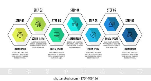 Vector business infographics. Timeline modern with 7 hexagons. Used for web design, marketing advertising, workflow layout, annual report, presentation