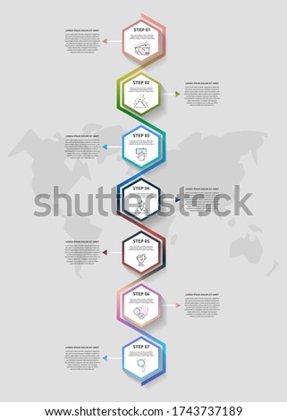 Vector business infographics. Timeline modern with 7 hexagons, arrows. Used for web design, marketing advertising, workflow layout, annual report, presentation