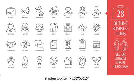 Vector Business Isolated Editable Stroke Thin Line Icon Set With Marketing, Customer, Relationship, Fist Bump, Communication, Contract, Strategy, Logistics, Calendar And More Outline Sign.