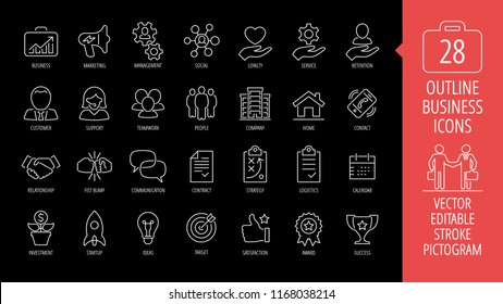 Vector business isolated editable stroke thin line icon set on a black background with marketing, customer, investment, startup, ideas, target, statisfaction, award, success and more outline sign.