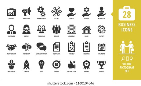 Vector business isolated silhouette icon set with business, marketing, management, social, loyalty, service, retention, handshake, fist bump and more sign.