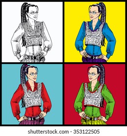 Vector. Business lady in glasses with a ponytail. Different colors. Successful woman