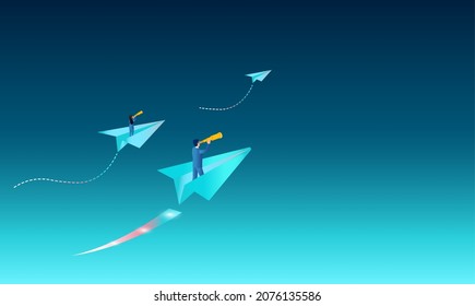 Vector of business leaders a man and a woman flying on paper planes sear for new opportunities 