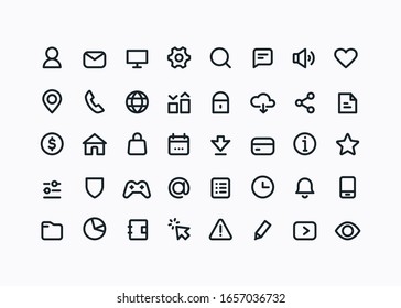 Vector Business linear icons in minimal style for business card or app UI. Set of abstract simple symbols of user, data, business, cloud, website, click, analysis for site. Contact pictograms.