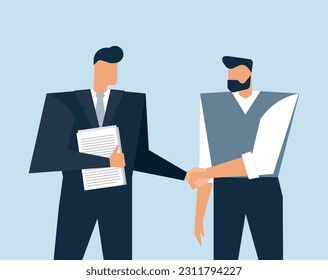 Ilustración de negocios de vectores con caracteres planos. Concepto sobre la comunicación de abogado y cliente que contratan a un experto para ayudarle con el plan de negocios y la organización del proceso de trabajo. Sacudir a los hombres