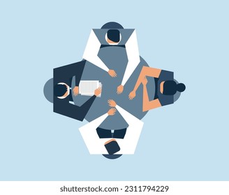 Vector business llustration with flat characters of managers. Concept with office worker sitting at round table and discussing project. Brainstorm process of expert group. Team read contract