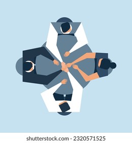 Vector business llustration with flat characters of managers. Concept with office worker sitting at round table and discussing project. Brainstorm process of expert team