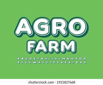 Vector business logo Agro Farm. White and Green creative Font. Retro Alphabet Letters and Numbers set