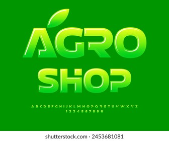 Vector business logo Agro Shop with decorative Leaf. Unique style Font. Green gradient set of Alphabet Letters and Numbers.