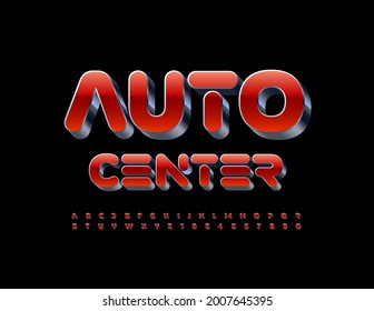 Vector business logo Auto Center. 3D Red and Metal Font. Techno style Alphabet Letters and Numbers set