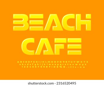 Vector business logo Beach Cafe. Sunny Yellow Font. Glossy set of bright Alphabet Letters, Numbers and Symbols