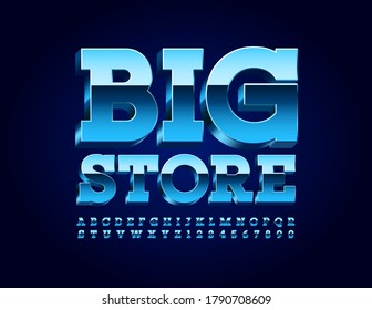 Vektorgeschäft Logo Big Store. Moderne Reflektive Schriftart. Blue Metal 3D Alphabet Buchstaben und Zahlen