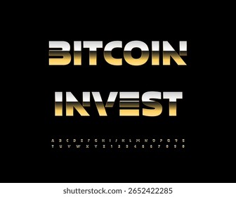 Logotipo comercial do vetor Bitcoin Invest. Fonte dourada premium. Letras e Números de Alfabeto Maiúsculos Futuristas definidos. 
