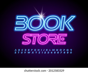 Vector business logo Book Store. Neon light Alphabet Letters and Numbers set. Illuminated Led Font