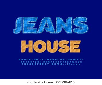 Vector business logo Denim House. Blue Jeans Alphabet Letters, Numbers and Symbols set. Creative textile Font