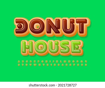 Vector business logo Donut House. Sweet creative Font. Green icing Alphabet letters and Numbers