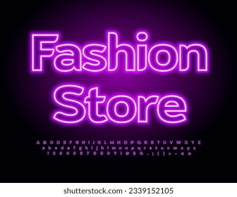 Vector business logo Fashion Store. Violet neon Alphabet Letters, Numbers and Symbols set. Led Illuminated Font