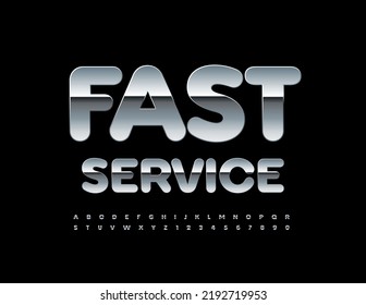 Vector business logo Fast Service. Metal reflective Font. Chromed set of Alphabet Letters and Numbers