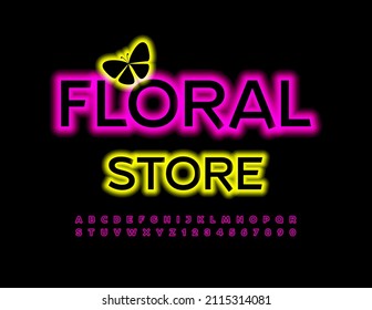 Logotipo del negocio de vectores Floral Store con mariposa decorativa. Tipo de letra Neon único. Elegante juego de letras y números de alfabeto rosa brillante
