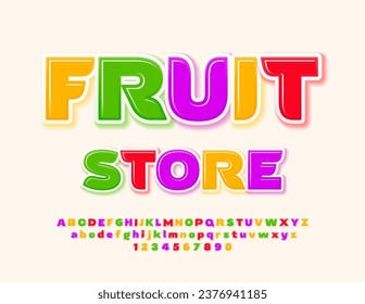 Logotipo del negocio de vectores Fruit Store. Conjunto de letras y números luminosos de los alfabetos. Colorido y brillante fuente