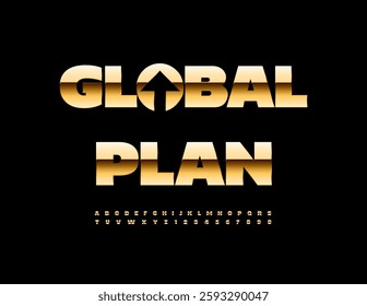 Vector Business logo Global Plan with Arrow. Luxury Gold Font. Premium Alphabet Letters and Numbers.