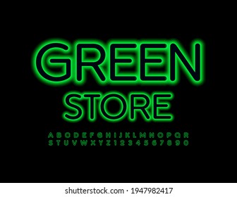 Vector business logo Green Store. Bright Neon Font. Glowing electric Alphabet Letters and Numbers.