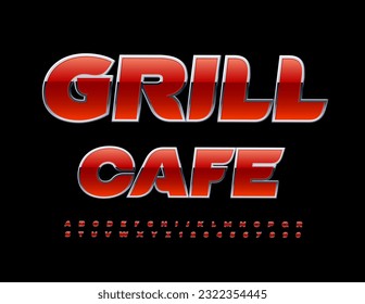 Vector business logo Grill Cafe. Red and Silver glossy Font. Premium Alphabet Letters and Numbers set