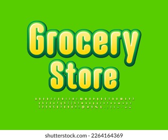 Vector business logo Grocery Store with Modern Yellow and Green Font. Bright Alphabet Letters, Numbers and Symbols set