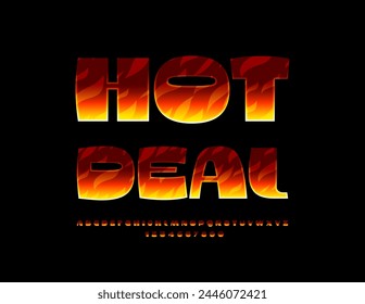 Vector business logo Hot Deal. Modern Fire Font. Cool Burning Alphabet Letters and Numbers