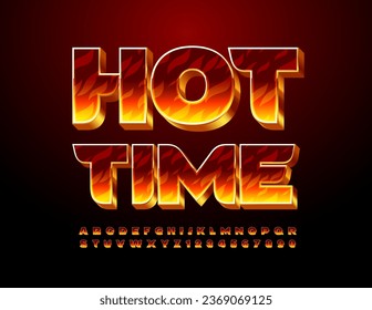 Vector business logo Hot Time. Fire 3D Font. Burning Alphabet Letters and Numbers