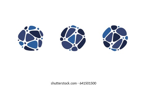 Vector business logo idea made of linked pebbles in a circle. Irregular shapes arranged in a pattern. Blue, cyan, and white icon set for logo or buttons.