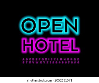 Vector Business Logo Open Hotel. Bright Glowing Font. Illuminated Alphabet Letters and Numbers set