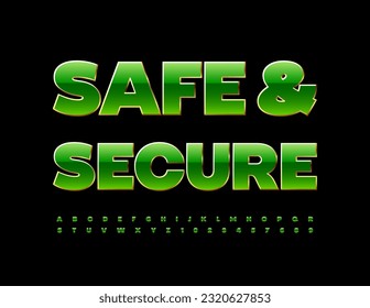 Vector business logo Safe and Secure. Gold and Green glossy Font. Elite Alphabet Letters and Numbers set