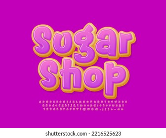 Vector business logo Sugar Shop. Lilac glazed Alphabet Letters, Numbers and Symbols set. Sweet donut Font